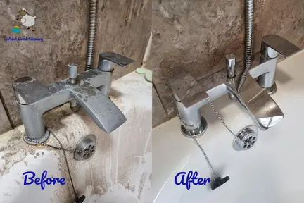 Before and after of a dirty bath and taps being cleaned
