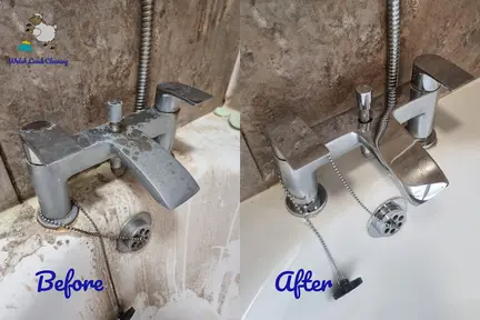 A before and after photo of a tiled wall in a shower being cleaned.