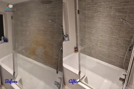 A before and after photo of dirty tiles in a shower