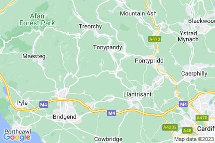 A map of the area around Tonyrefail, Llantrisant and nearby areas.