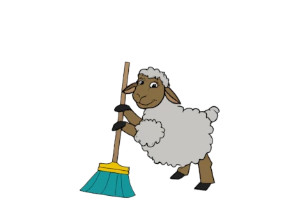 A lamb holding a sweeping brush, the Welsh Lamb Cleaning company logo.
